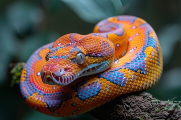 Obraz premium Red-tailed Boa Constrictor: Wrapped around a tree branch with vibrant colors and smooth texture.