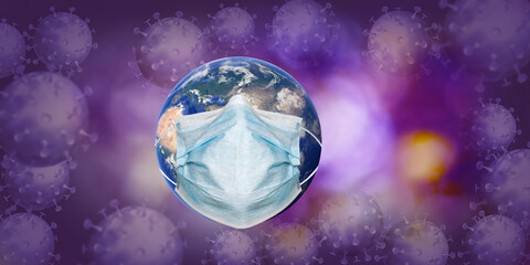  image of a globe on which a medical mask is worn and around which stylized covid viruses are located.