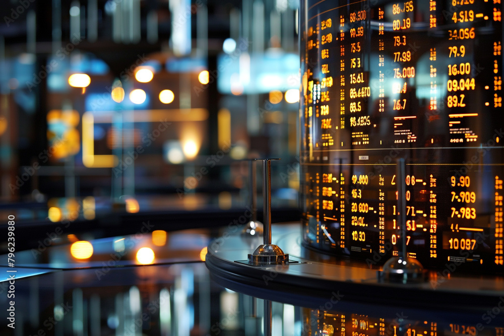 Poster zoomed-in image of a central bank building model, with screens displaying global currency exchange r