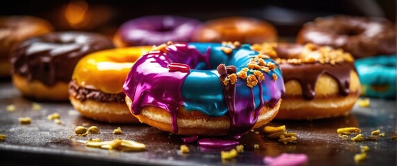 Donuts in multi-colored glaze on a bright background. A work of art from a pastry genius!