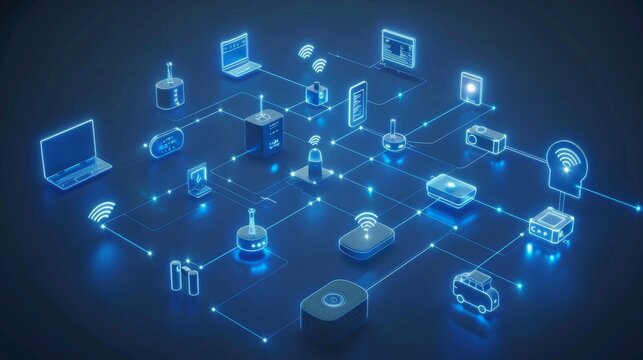 Network of Connected IoT Devices with Blue Neon Lights on Dark Background

