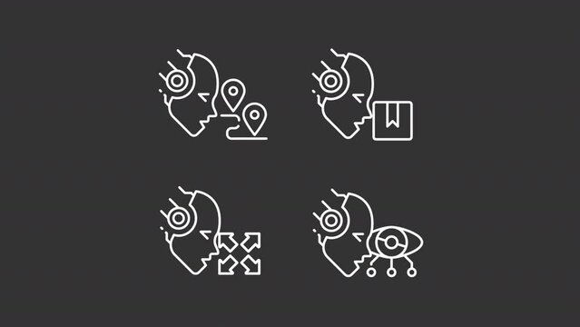 AI operations white line animations. Animated robotic heads icons. Artificial intelligence in logistics. Isolated illustrations on dark background. Transition alpha. HD video. Icon pack