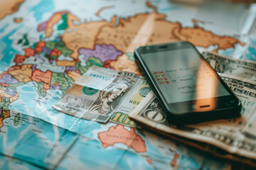 Zoomed-in image of a currency conversion app on a smartphone, international travel backdrop