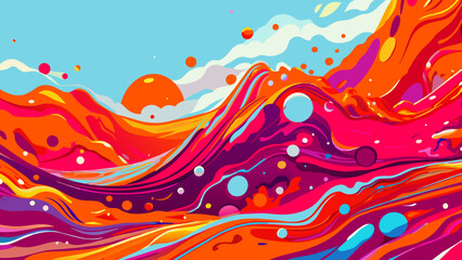 Colorful Abstract Landscape with Swirling Patterns and Sunset