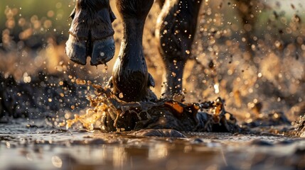  water buffalo's hooves splashing in the water as it digs a canal, with droplets of water glistening in the sunlight. 