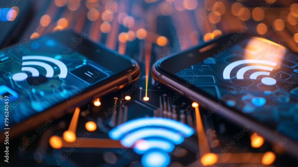 Poster close-up of two smartphones sharing data via wireless transfer, simplifying communication