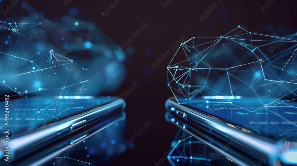 Poster close-up of two smartphones sharing data via wireless transfer, simplifying communication