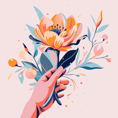 Vibrant Hand-drawn Illustration of Hand Holding a Stylized Flower