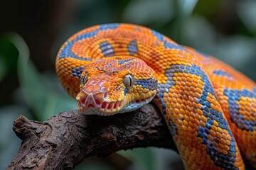Fototapeta premium Red-tailed Boa Constrictor: Wrapped around a tree branch with vibrant colors and smooth texture.