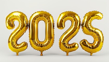 Golden inflatable balloons forming  2025  on white background  a vibrant symbol of optimism
