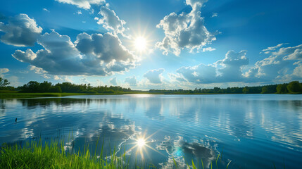 Cloud and sun light over the lake pond.