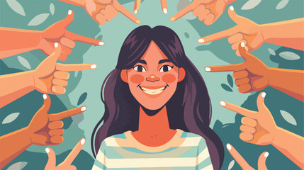 Smiling happy young woman surrounded by hands
