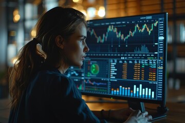 An image depicting a businesswoman thoughtfully perusing financial market trends on a desktop display