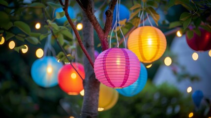 Colorful paper lanterns hanging from a tree, illuminating a garden party with their soft, ambient light and adding a touch of whimsy to the atmosphere.