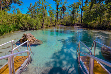 Williford Springs turquoise clear aqua water handrails rock trees blue sky