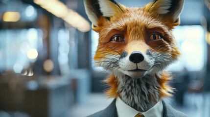 Naklejka premium A fake fox dressed in a formal suit and tie standing on display