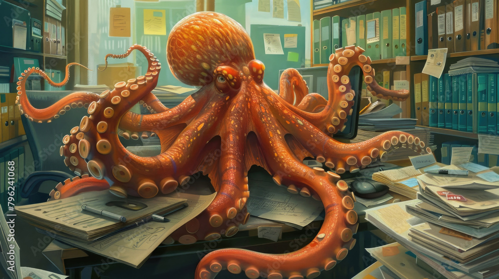Poster an octopus sitting atop a stack of various books, tentacles sprawled out, creating a unique and intr
