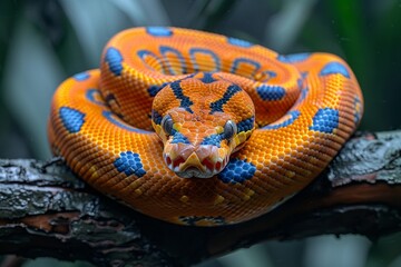 Fototapeta premium Red-tailed Boa Constrictor: Wrapped around a tree branch with vibrant colors and smooth texture.