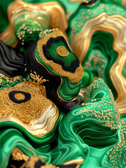 A green and gold fabric with a black and white design. The fabric is made of beads and has a shiny, metallic appearance. The design is abstract and has a sense of movement