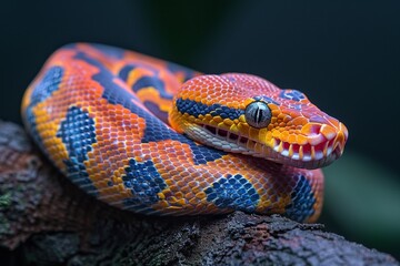 Fototapeta premium Red-tailed Boa Constrictor: Wrapped around a tree branch with vibrant colors and smooth texture.