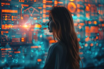 A woman is centrally positioned before a backdrop of vivid abstract technological graphics and data visualization