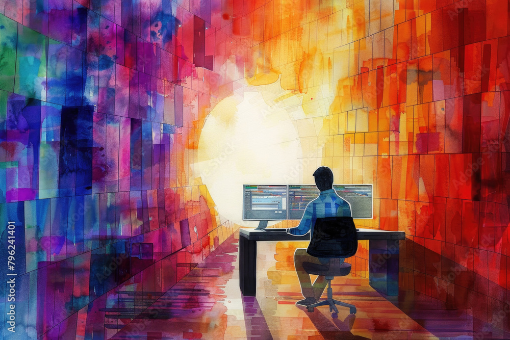 Poster a man is seated at a desk, focusing on a computer screen as he works. the background shows a typical