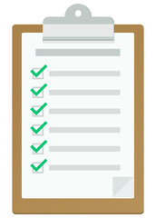 Clipboard with a checklist with all check boxes validated in flat design style (cut out)
