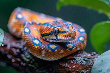 Red-tailed Boa Constrictor: Wrapped around a tree branch with vibrant colors and smooth texture. - obrazy, fototapety, plakaty