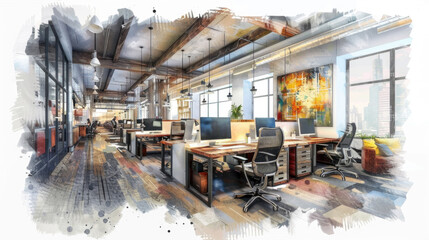 Fototapeta premium A vibrant watercolor painting depicting an office setting with various desks and chairs arranged in a workspace