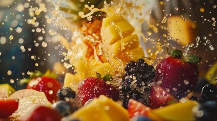 Dynamic motion blur as fruits are pulverized into delicious smoothies, enticing the senses