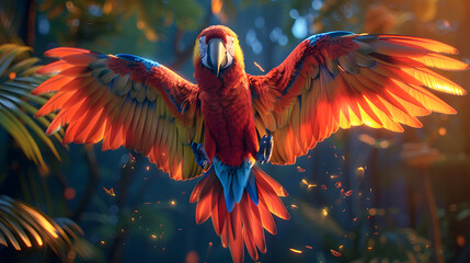 A vibrant Macaw soars with outstretched wings, showcasing its colorful plumage