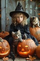 A young child dressed as a witch surrounded by carved pumpkins and cats on Halloween.