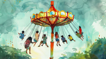 A painting depicting a group of children joyfully playing on a merry-go-round at a park