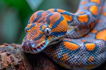 Fototapeta premium Red-tailed Boa Constrictor: Wrapped around a tree branch with vibrant colors and smooth texture.