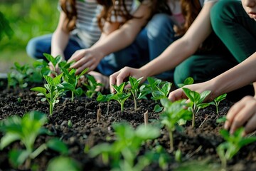 close-up of young people planting seeds in the soil