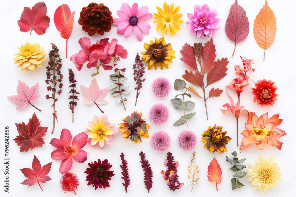 Poster diverse collection of different types of colorful flowers displayed on a clean white background