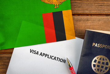 Visa application form, passport and flag of Zambia
