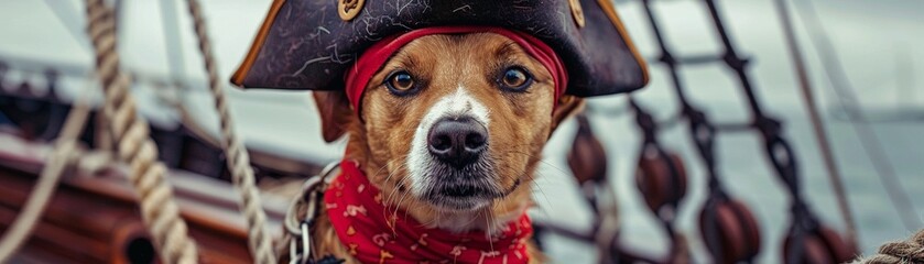 Dog in pirate costume aboard ship old-world feel