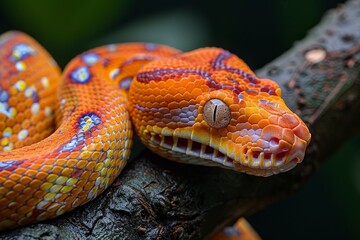 Fototapeta premium Red-tailed Boa Constrictor: Wrapped around a tree branch with vibrant colors and smooth texture.