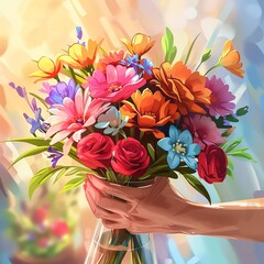 Florist arranging a bouquet in a vase, focus on the colorful flowers and elegant vase, bright colors, clean background, Realistic HD characters