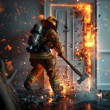 Firefighter breaking through a door, focus on axe and door impact, high contrast lighting, Realistic HD characters