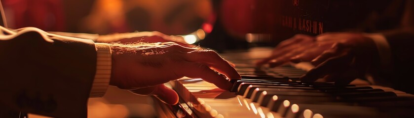 Pianist engaging with an audience during a small concert, focus on the interaction and piano keys,...