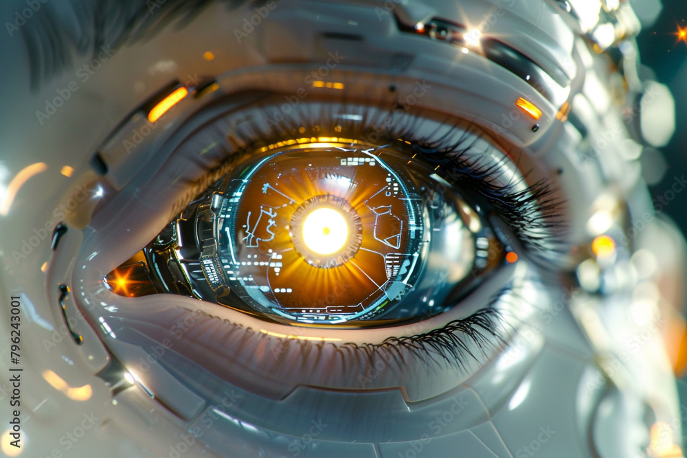 Poster zoomed-in image of a robotic eye with advanced sensors, mimicking human-like features