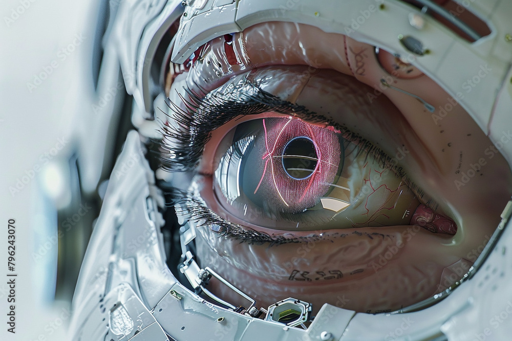 Poster zoomed-in image of a robotic eye with advanced sensors, mimicking human-like features