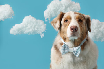 Cute fluffy Australian Shepherd dog with bow tie and clouds on blue background