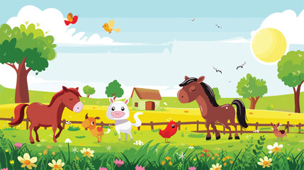 Obraz na płótnie Canvas Farm animals with landscape - cute cartoon vector illustration