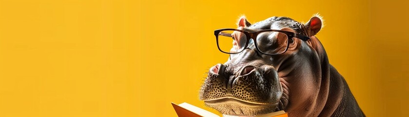 Hippo with glasses reading a book warm light