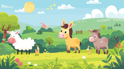 Farm animals with landscape - cute cartoon vector illustration