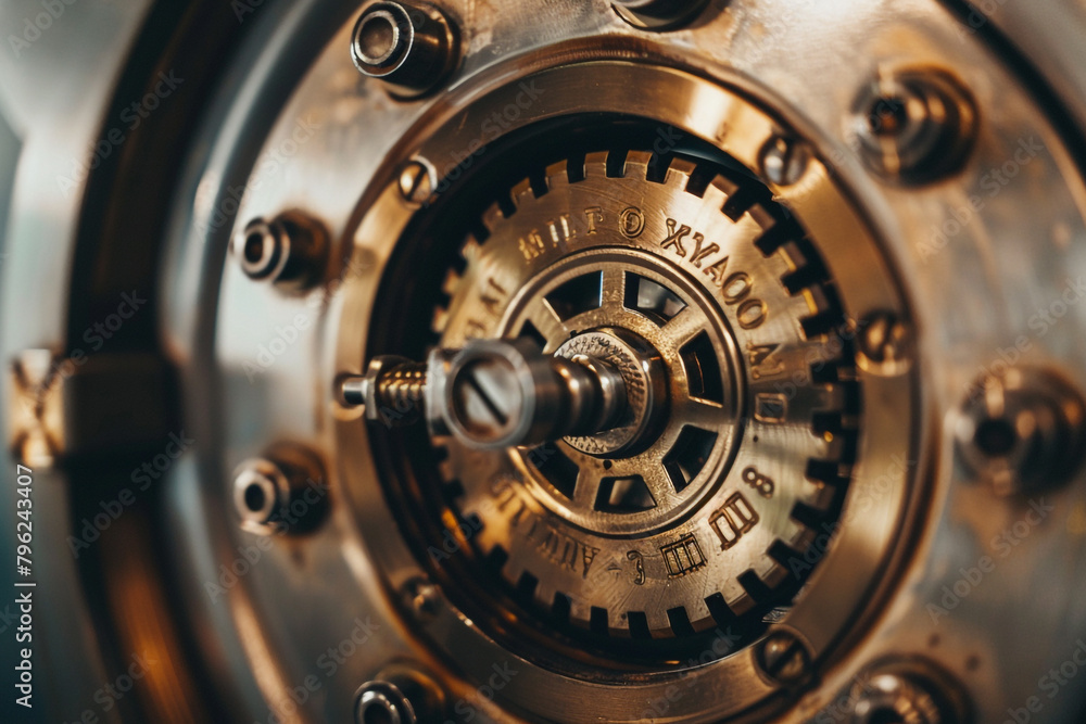 Poster zoomed-in image of a secure bank vault door, intricate locking mechanism visible