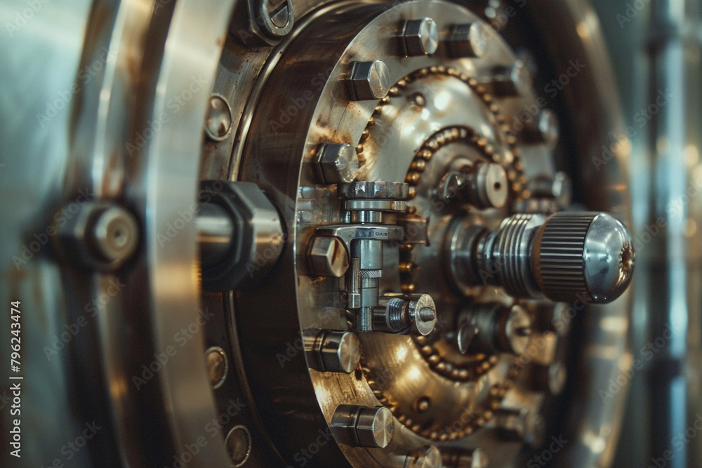 Poster zoomed-in image of a secure bank vault door, intricate locking mechanism visible